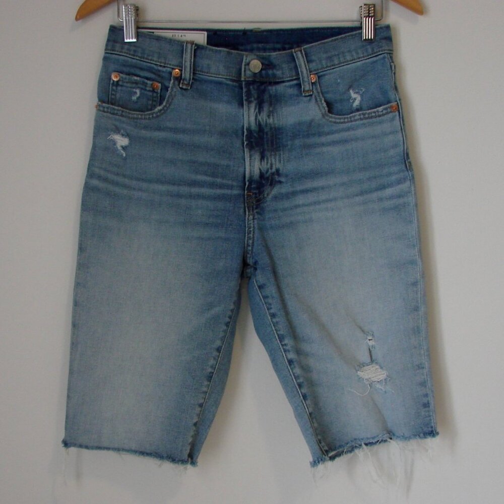 GAP Bermuda Jean Shorts High Rise Distressed Raw Frayed Hem Light Wash 27 4